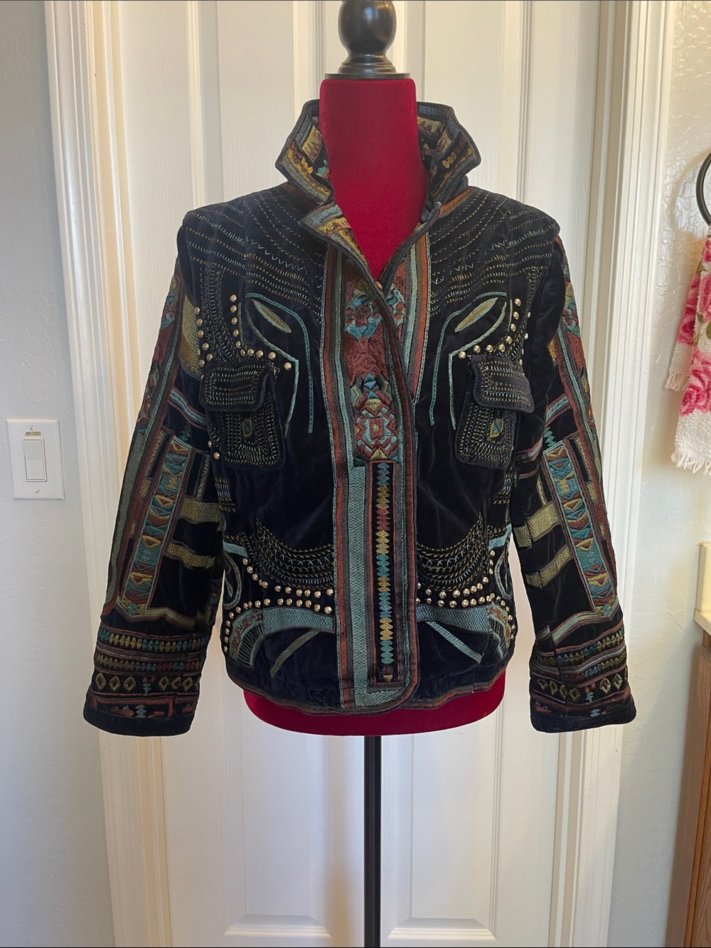 Johnny Was Black Velvet Bomber Jacket with Teal & Brown Embroidery